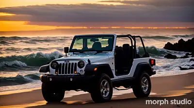 Open Top Jeep on Beach at Sunset
