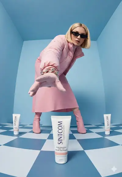 Bold pink puffer-jacket product shot in blue checkered room