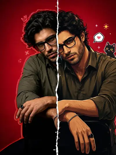 Retrato realista e cartoon em estilo dividido