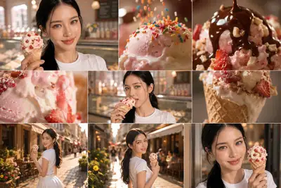 Portrait photoréaliste d'une femme avec une glace dans un café