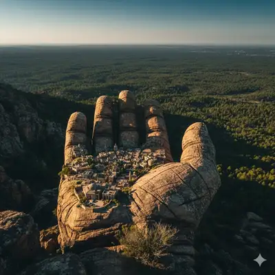 Petrified Hand-Shaped Ancient City Cinematic Shot