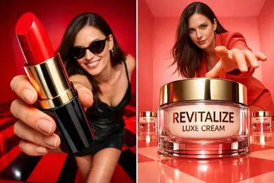 Bold red studio beauty campaign with product held close to lens