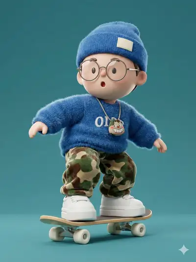 Chibi 3D art toy render of boy skateboarding in sweater