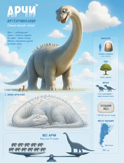 Pixar-style model sheet of giant dinosaur Archie