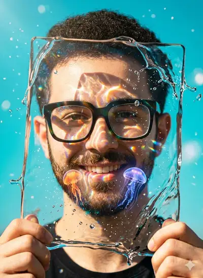 Portrait de dalle de verre liquide avec méduses bioluminescentes