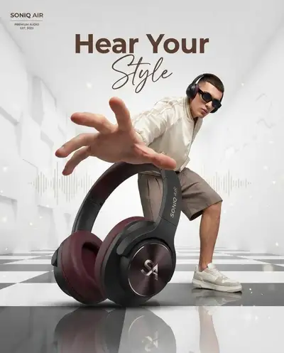 Anúncio de produto de luxo com fone de ouvido gigante e perspectiva forçada
