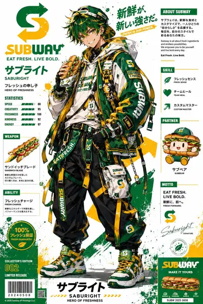 Póster de rediseño anime hypebeast de una mascota de comida rápida