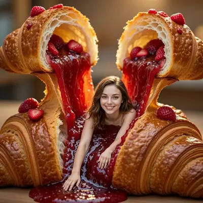 Auf einem riesigen Erdbeermarmeladen-Croissant hinabgleiten