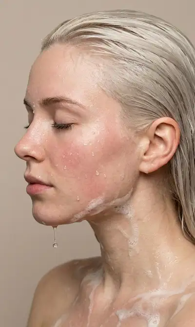 Wet-skin side-profile beauty portrait with soap suds and water droplets