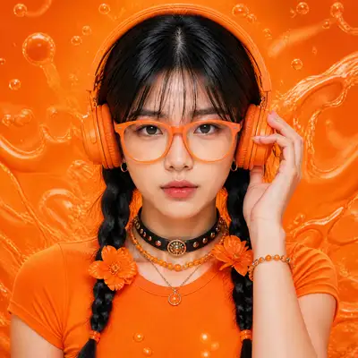 Monochromatic Orange Beauty Portrait With Neon Headphones