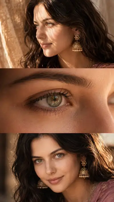 Three-panel luxury beauty editorial collage with jhumka earrings