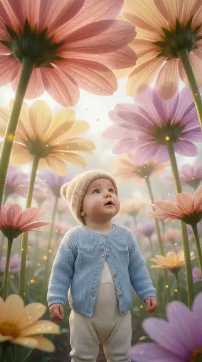 Surreal Baby in Giant Flower Field