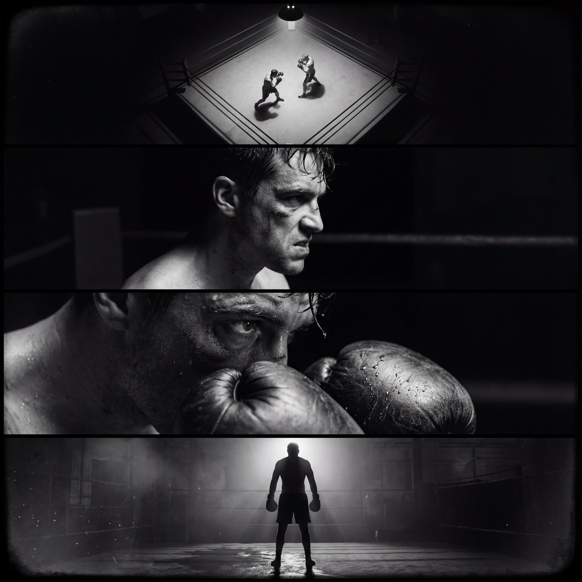 Four-panel noir boxing match, cinematic camera progression