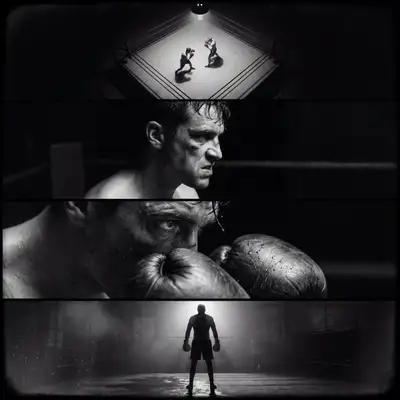 Combate de boxeo noir en cuatro paneles, progresión de cámara cinematográfica