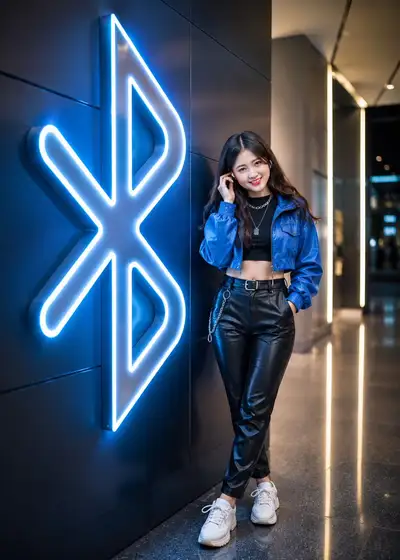 Hyper-realistic woman with glowing Bluetooth logo