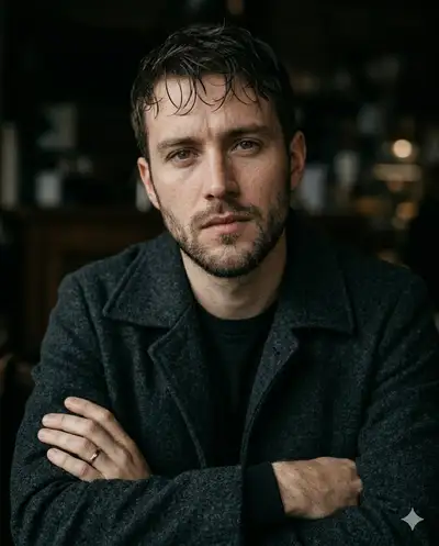 Cinematic Portrait of a Man in Charcoal Overcoat