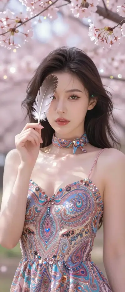 樱花树下手持羽毛的女子插画