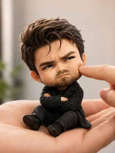 Mini-Chibi-Figur auf einer geöffneten Handfläche mit Schmollmund