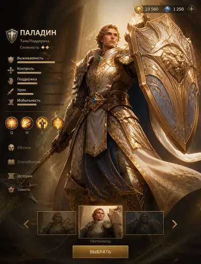 Paladin Hero Screen with Idle Animation for MOBA