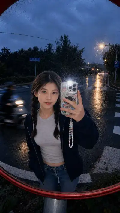 Rainy Night Convex Mirror Selfie with Identity Reference