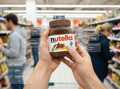 Escena de compra en supermercado en realidad aumentada en primera persona
