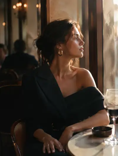 Woman in black dress at a vintage cafe portrait