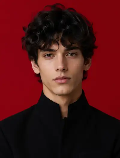 High-end editorial portrait against crimson backdrop