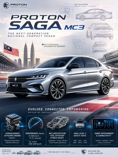 Proton Saga MC3 concept car poster with performance stats overlay