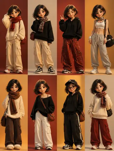 3D Pixar-style character in eight outfit variations