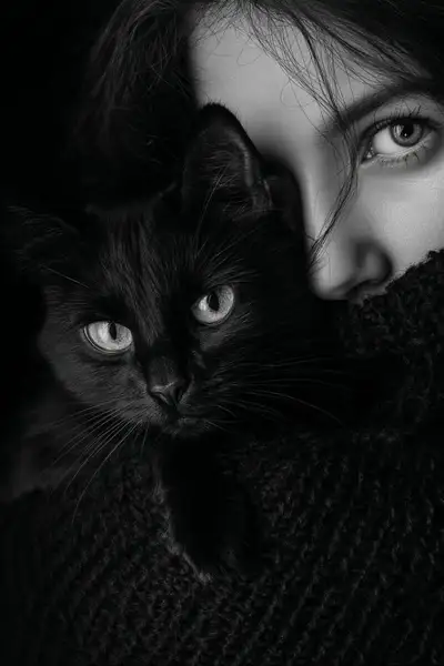 Moody Black-and-White Portrait with Cat