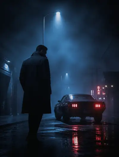 Noir night scene of a man and muscle car in volumetric fog