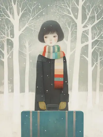 Winter Girl with Suitcase Illustration