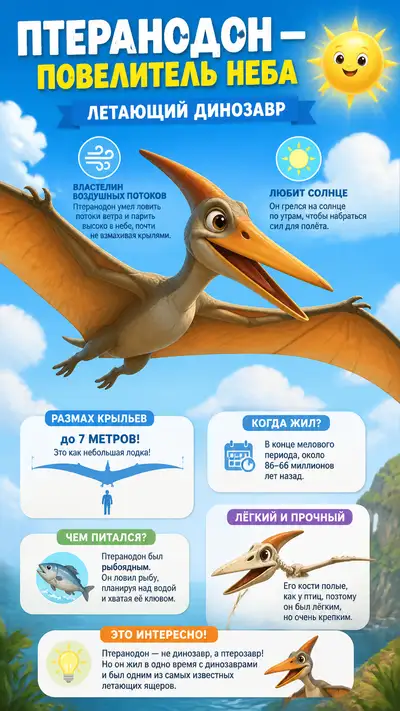 Cute Pixar style pteranodon ruler of the skies infographic