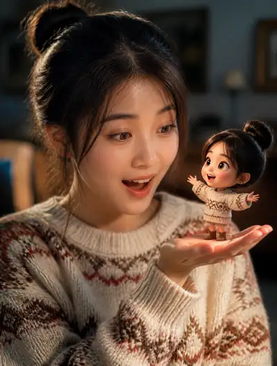 Woman holding her own 3D miniature cartoon self