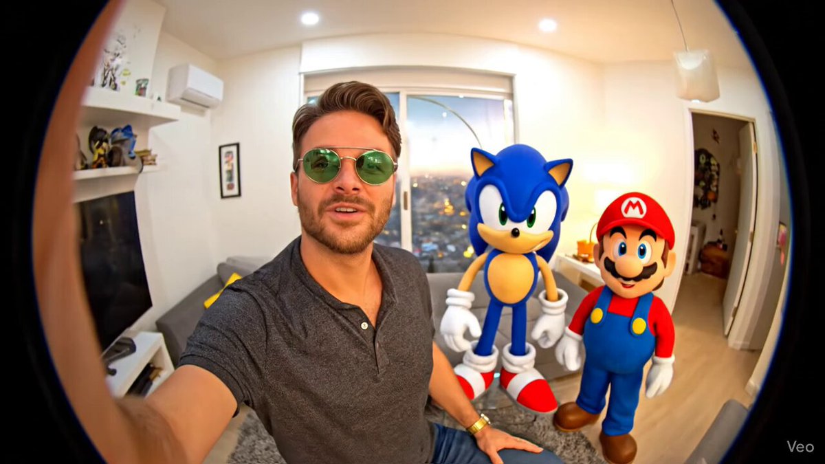 Fisheye selfie with Mario and Sonic in a living room