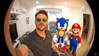 Fisheye-Selfie mit Mario und Sonic im Wohnzimmer