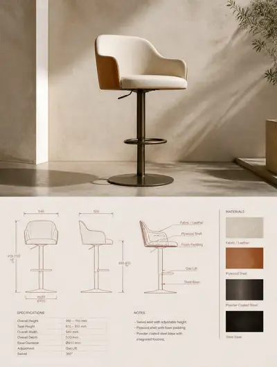 Product catalog layout with lifestyle photo and technical drawings