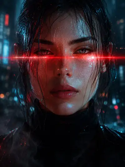 Cyberpunk Cinematic Portrait with Crimson Laser Eyes