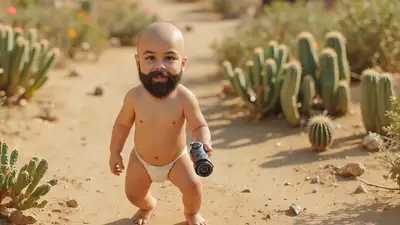 Surreal bald baby with beard in desert