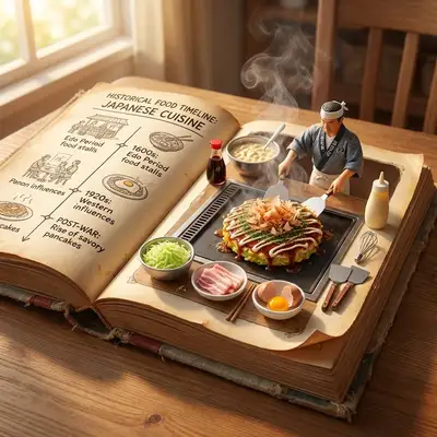 Scène d'okonomiyaki émergeant d'un livre de recettes vintage en diorama