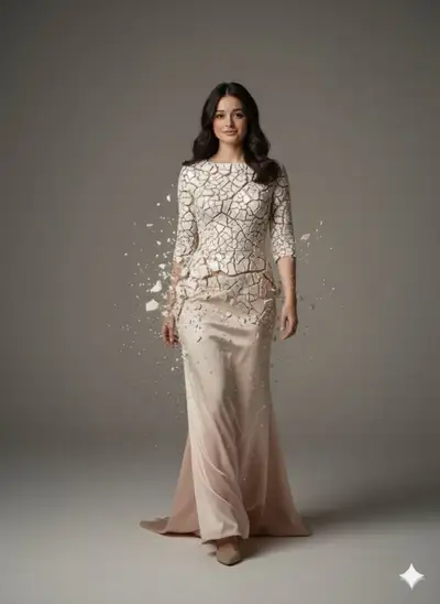 Porcelain-inspired couture transformation portrait breaking into fabric