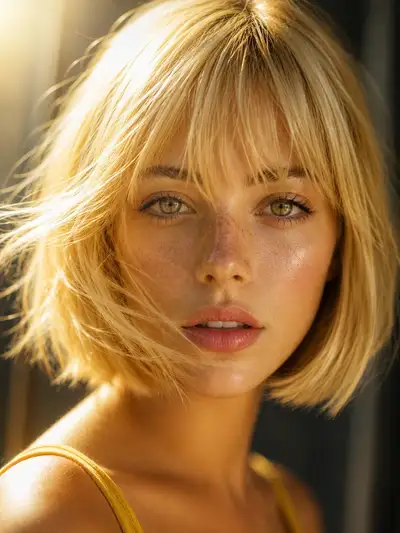 Extreme close-up beauty portrait with a blonde bob haircut