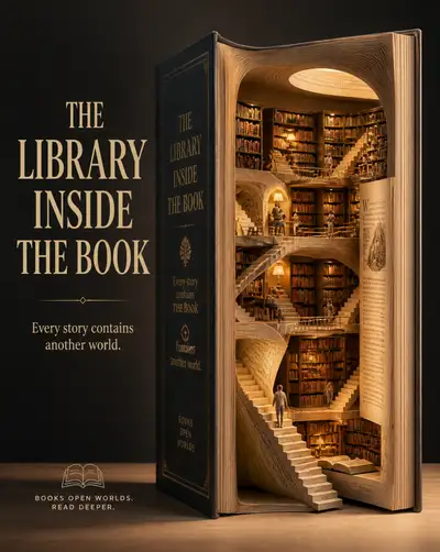 Cartaz publicitário de um mundo de biblioteca em miniatura dentro de um livro gigante
