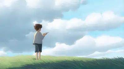 Anime-style boy releasing paper airplane on wind-blown hill