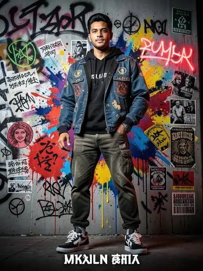Japanese graffiti-style urban fashion poster with Bengali influence
