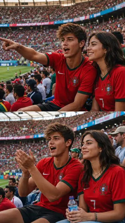 Fans beim Anschauen eines WM-Spiels, zweigeteilte vertikale Stadion-Collage