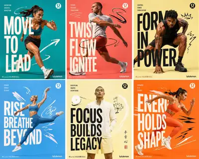 Six-panel color-blocked Lululemon athlete campaign board