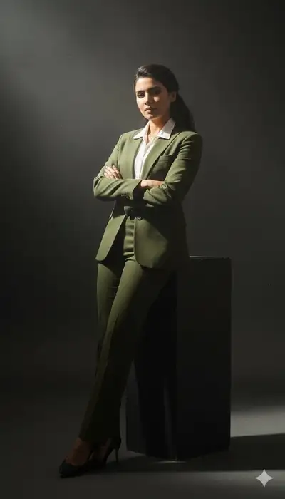 Cinematic Full-Body Portrait in an Olive Suit