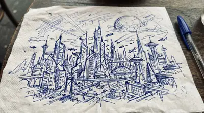 Napkin Sketch to Futuristic City Drone Shot