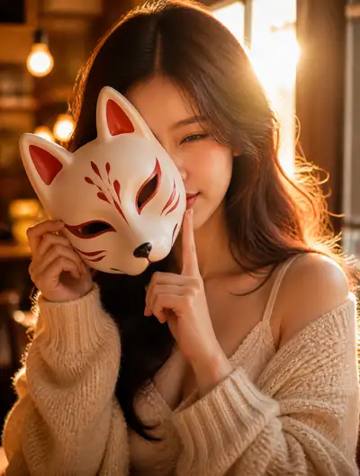Golden hour cafe portrait of a woman with a fox mask